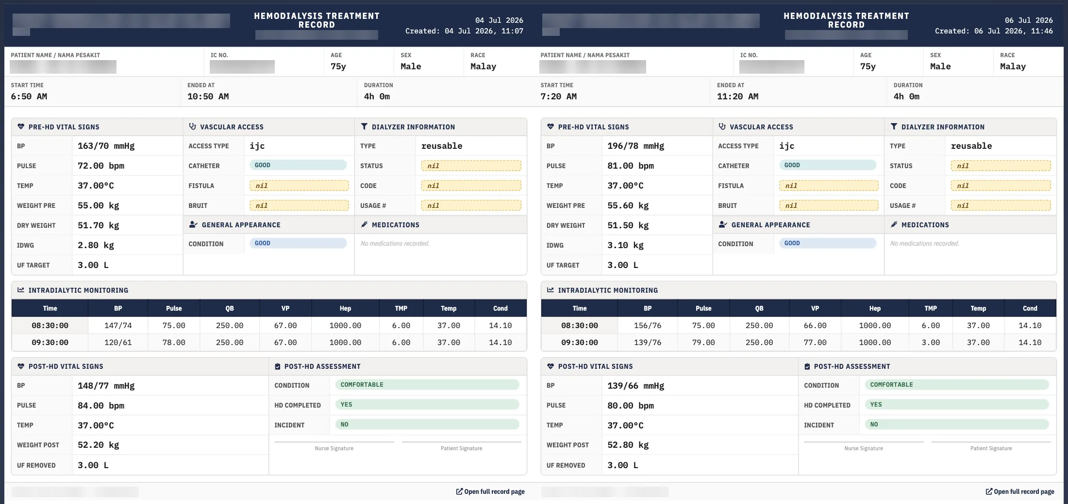 Hemodialysis treatment records, ready to print